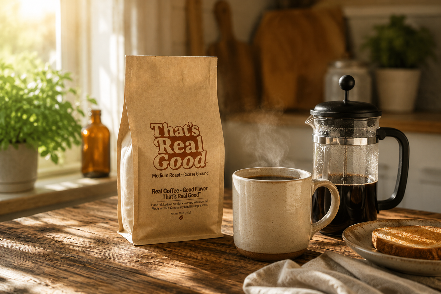Coffee bag labeled 'That's Real Good' next to a steaming cup of coffee on a wooden table.