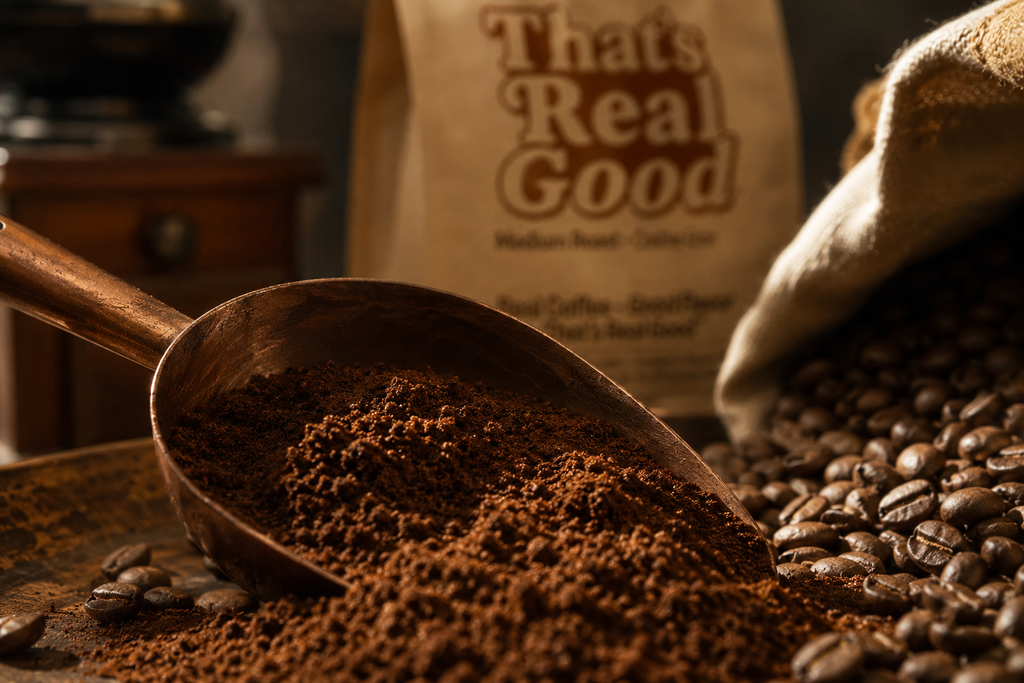 Fresh coffee beans and ground coffee