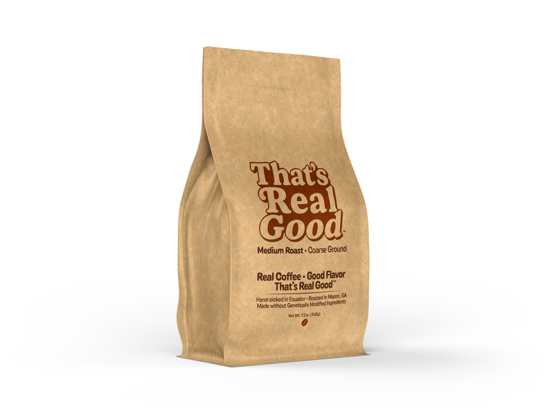 Front of a 12-ounce That’s Real Good™ coffee bag
