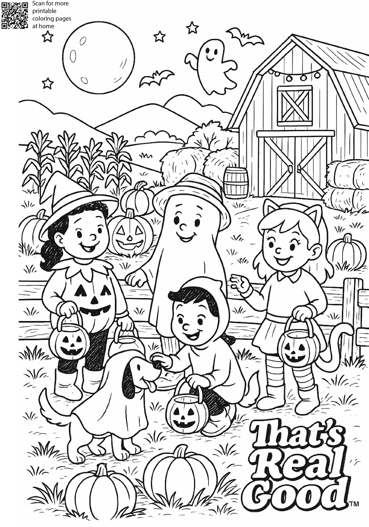That's Real Good Halloween printable coloring page with a family carving pumpkins