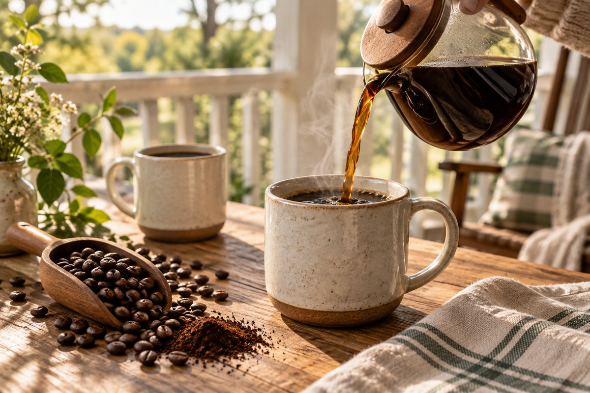 Fresh coffee being poured into a ceramic mug on a warm porch